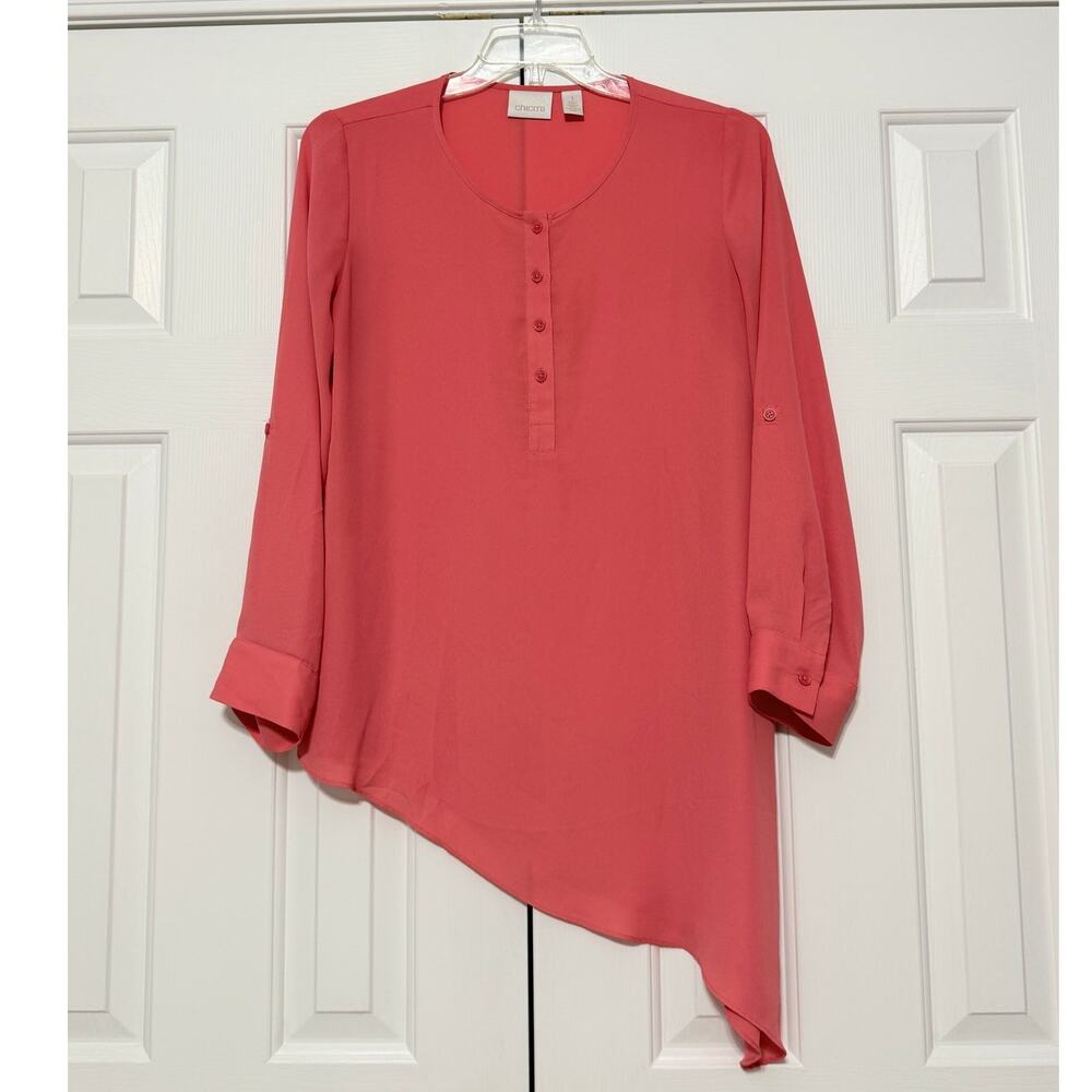 Chico's Sheer Asymmetrical Hem Tunic Blouse, Salmon Orange, Size 1